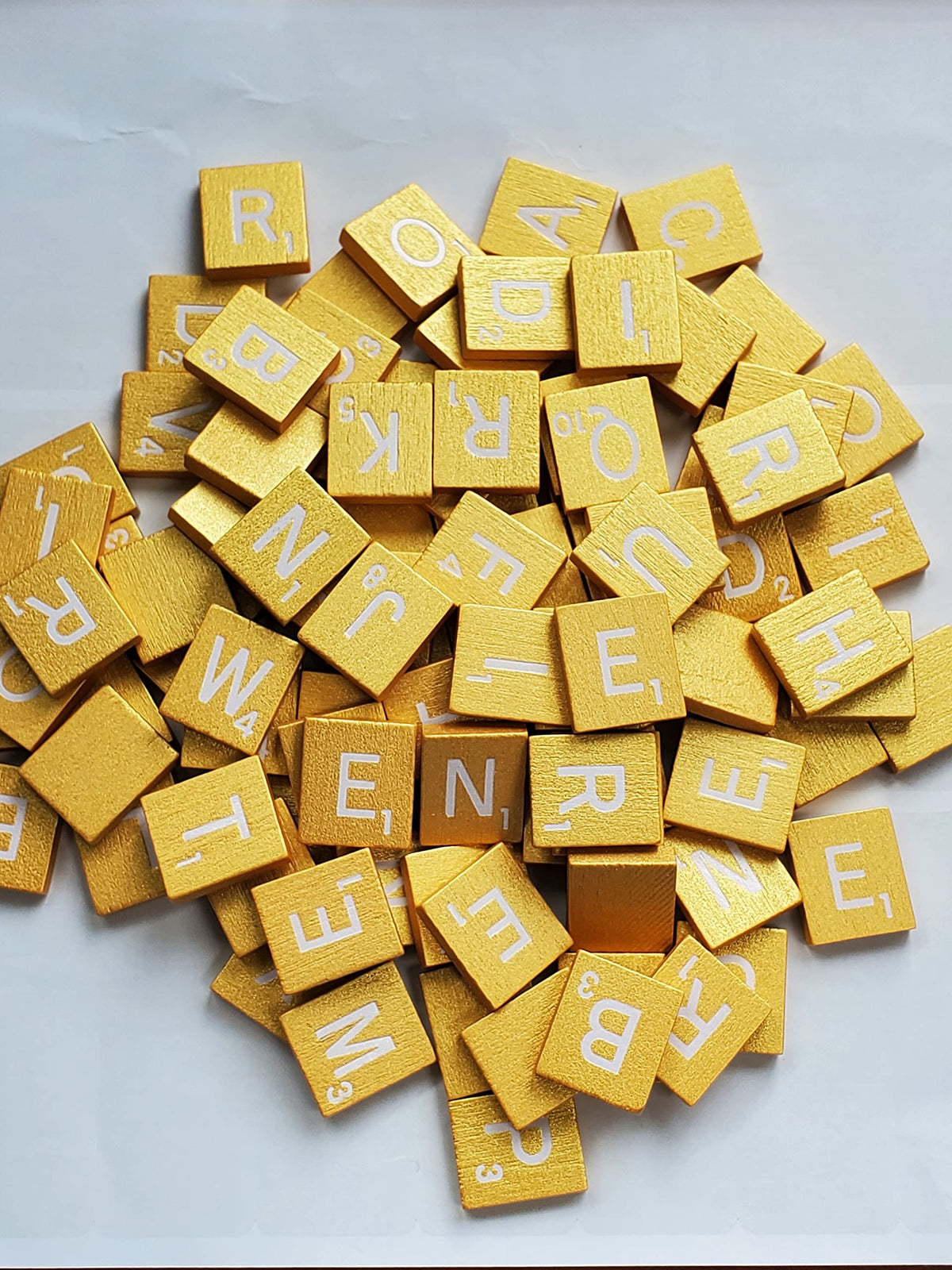 Elegant Metallic Gold with White Letters Wood Scrabble Tiles Set 100 Tiles ~ Game Replacement, Scrapbooking, Crafts, Messages, E