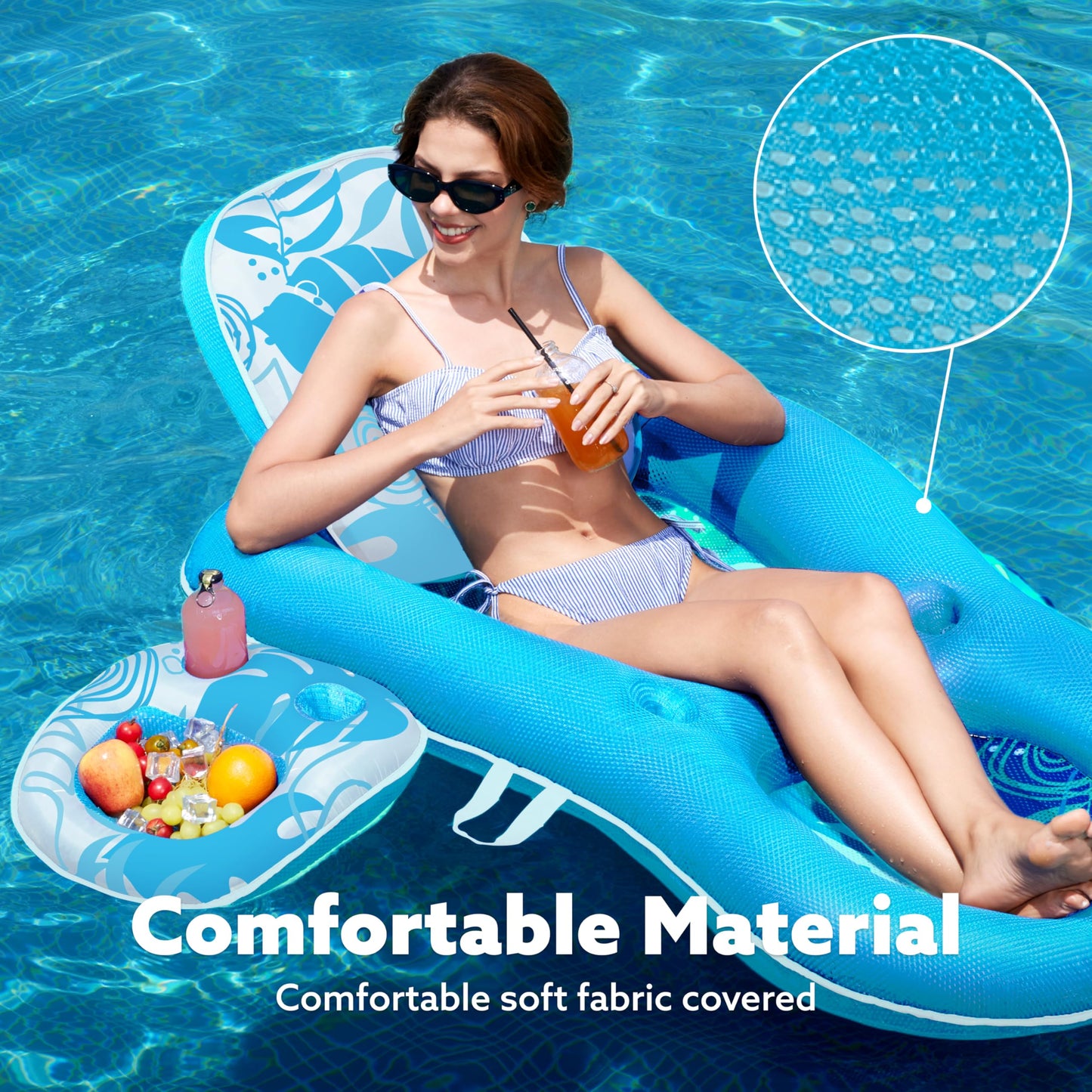 Sloosh Pool Float Lounger for Adults, Large Blue Vinyl 2-in-1 with Cup Holders & Adjustable Backrest, Model 40858