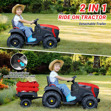 Elemara 24V 9Ah Kids Ride On Tractor With Easy Detachable Trailer, 400W Electric Vehicles, All-Terrain Capability, 24V Ride On Car For Big Kid, 3-Point Seat Belt For Ages 3+, Max 4.5 Mph, Music, Red