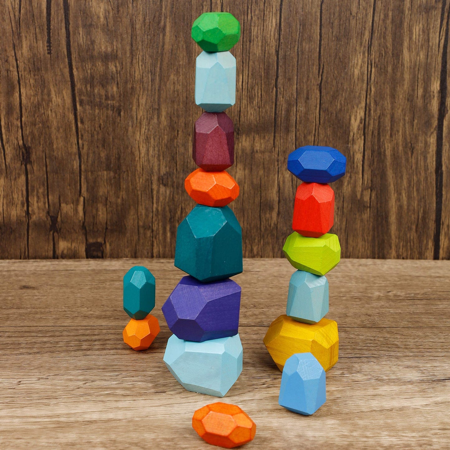Cllayees 16 Pcs Wooden Stacking Blocks Rocks Building Toys, Colored Solid Wood Stones Pre-School Educational Games Creative Toys For Kids Toddlers