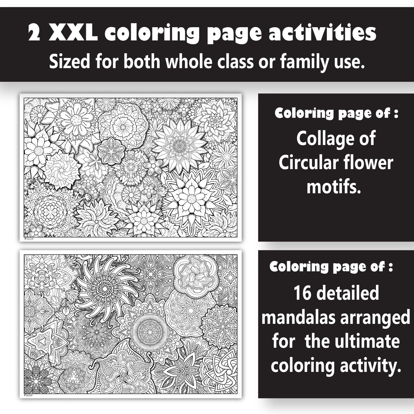 Young N Refined 2 Pack of Giant Coloring Posters of Flowers and Mandala collages Folded Version (42x60)
