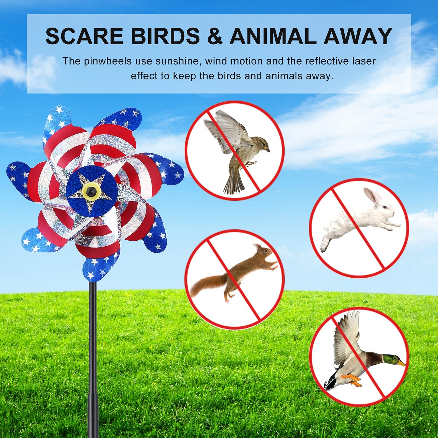 Battife 10 Packs Patriotic Sparkly Reflective Pinwheels For Yard And Garden, American Flags Blinding Birds Pin Wheel Scare Birds