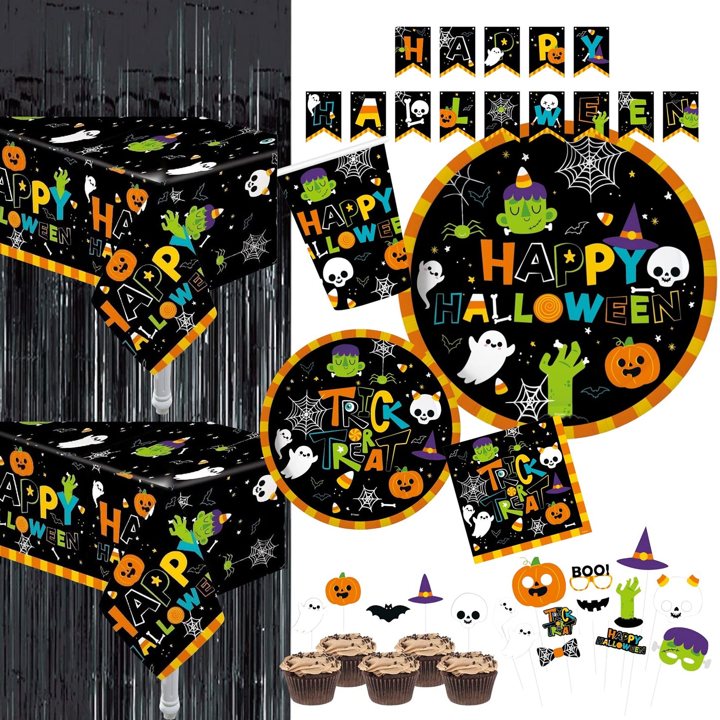 Serves 30 Complete Party Pack Cute Halloween Monsters And Ghosts 9' Dinner Paper Plates 7' Dessert Paper Plates 9 Oz Cups 3 Ply Napkins 2 Table Cover Banner Party Decorations Party Supplies