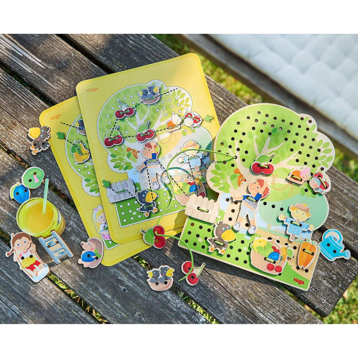 HABA Orchard Threading Game for Kids Ages 3-5, Lacing Tiles for Fine Motor Skills Development, Montessori Learning Toy for Presc
