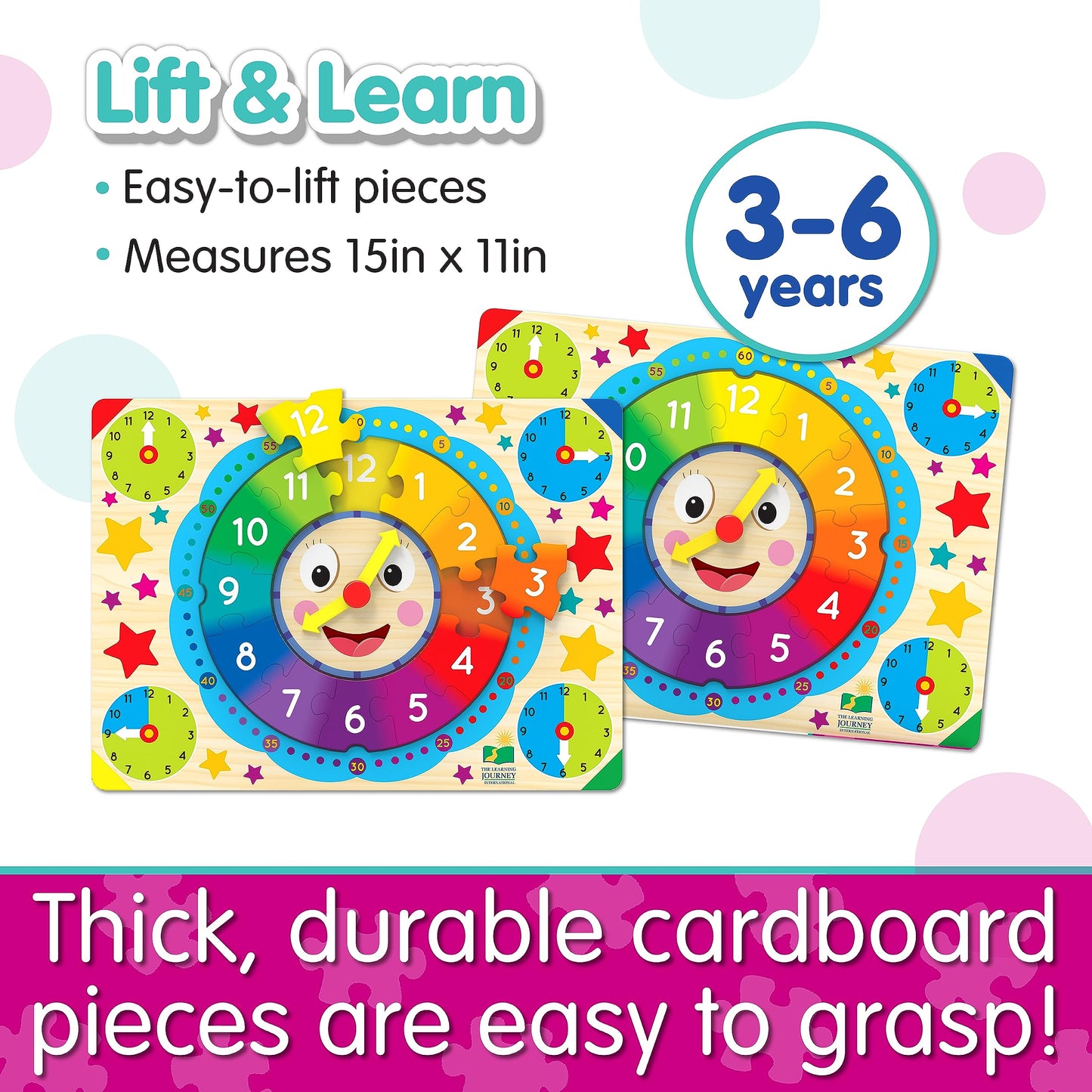 The Learning Journey: Lift & Learn Clock Puzzle - Lifted Clock Puzzles For Kids - Preschool Toys & Activities For Children Ages 3-6 Years (12 Pieces)