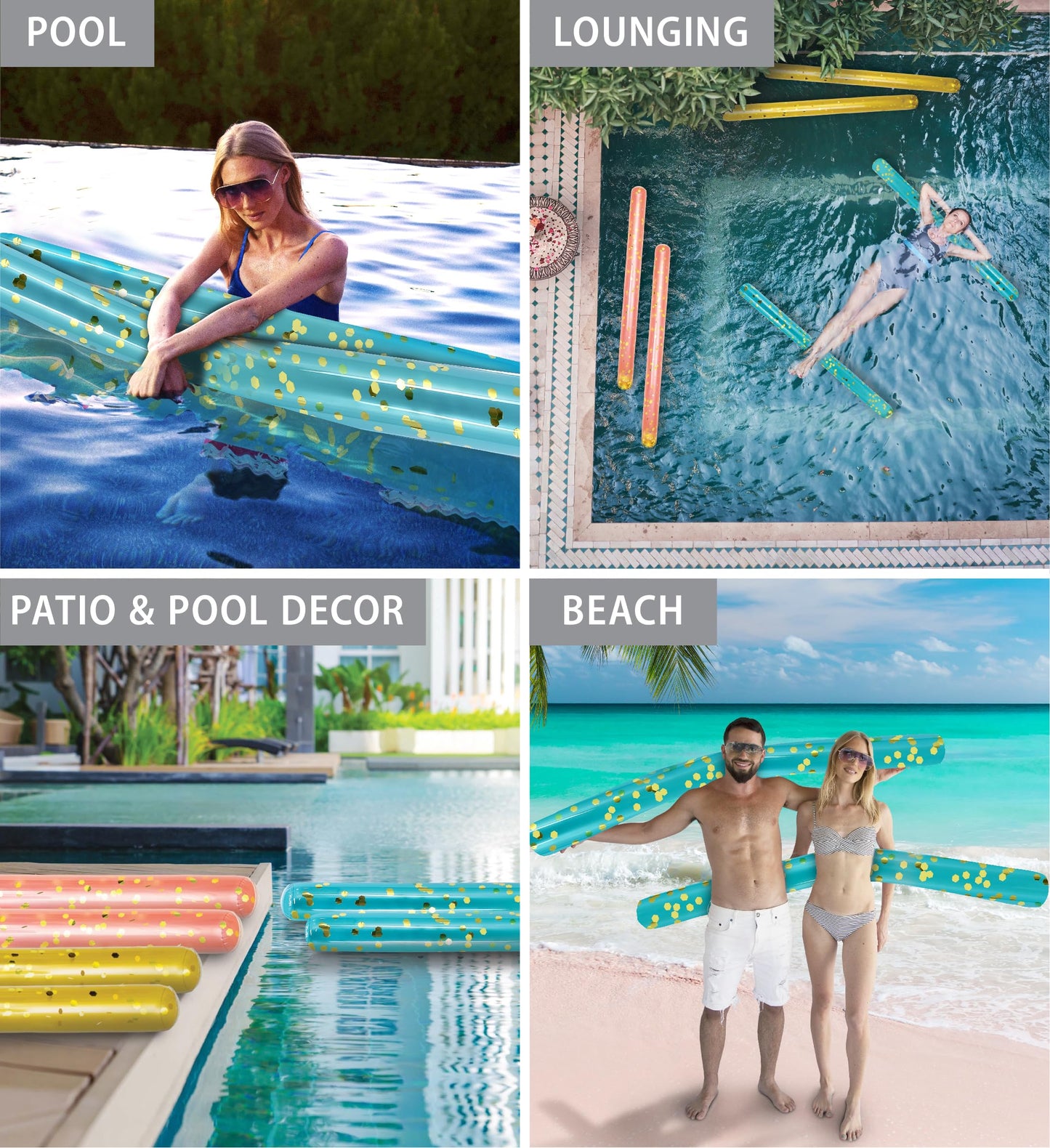 POZA 2 Pack Jumbo Inflatable Pool Noodle Floats - 74-inch enhanced elegant Giant Pool Noodle Inflatable Floats  Sparkle Blue Gold Glitter Confetti Pool Float Inflatable Noodles for Ocean  Lake  Beach