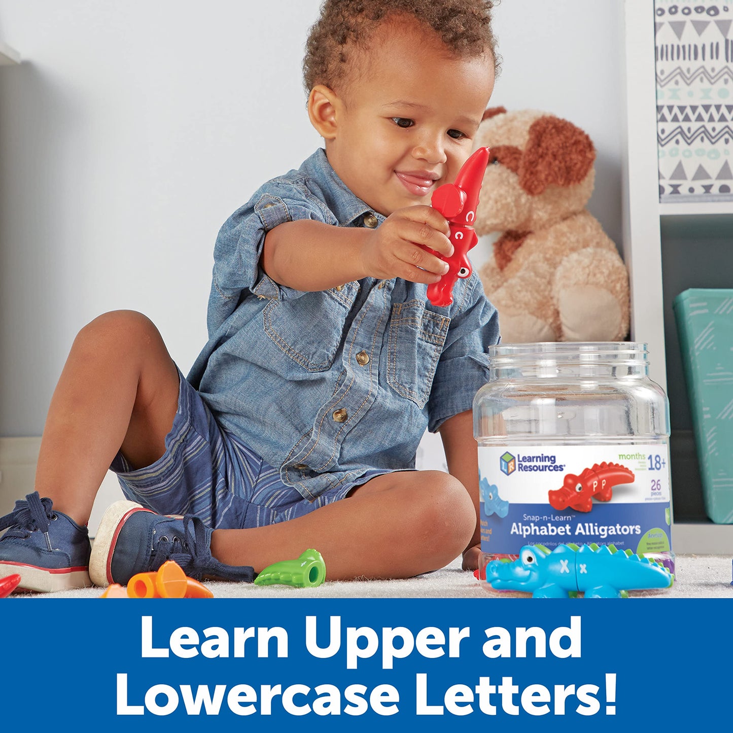 Learning Resources Snap-n-Learn Alphabet Alligators Fine Motor Toy, 26 Double-Sided Pieces, Medium, Multi-color, Model LER6704