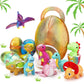 RoundFunny 14 Pcs Easter Dinosaur Stuffed Animals Small Dino Plush Toys and Egg Bag Set Cute Glitter Plush Dinosaur Toys for Boy