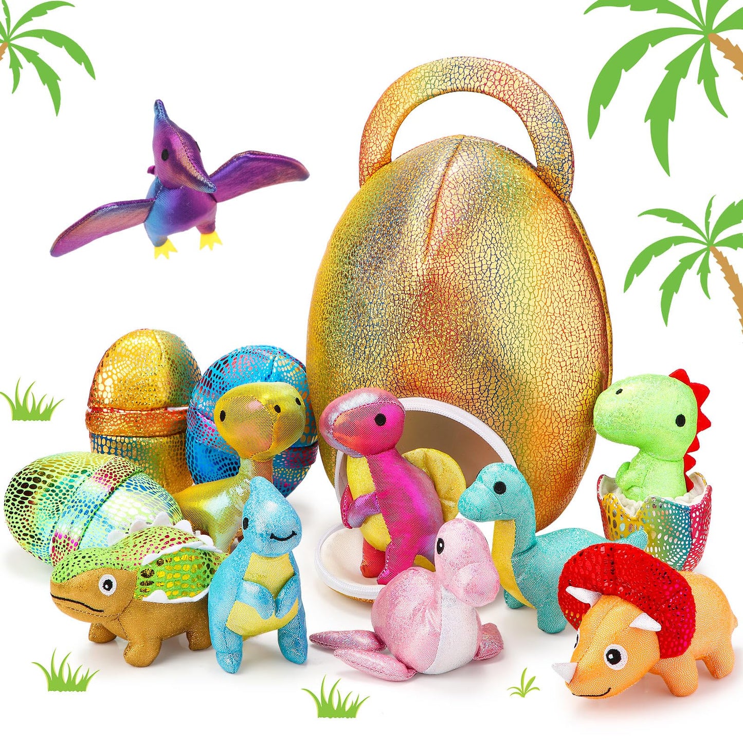 RoundFunny 14 Pcs Easter Dinosaur Stuffed Animals Small Dino Plush Toys and Egg Bag Set Cute Glitter Plush Dinosaur Toys for Boy