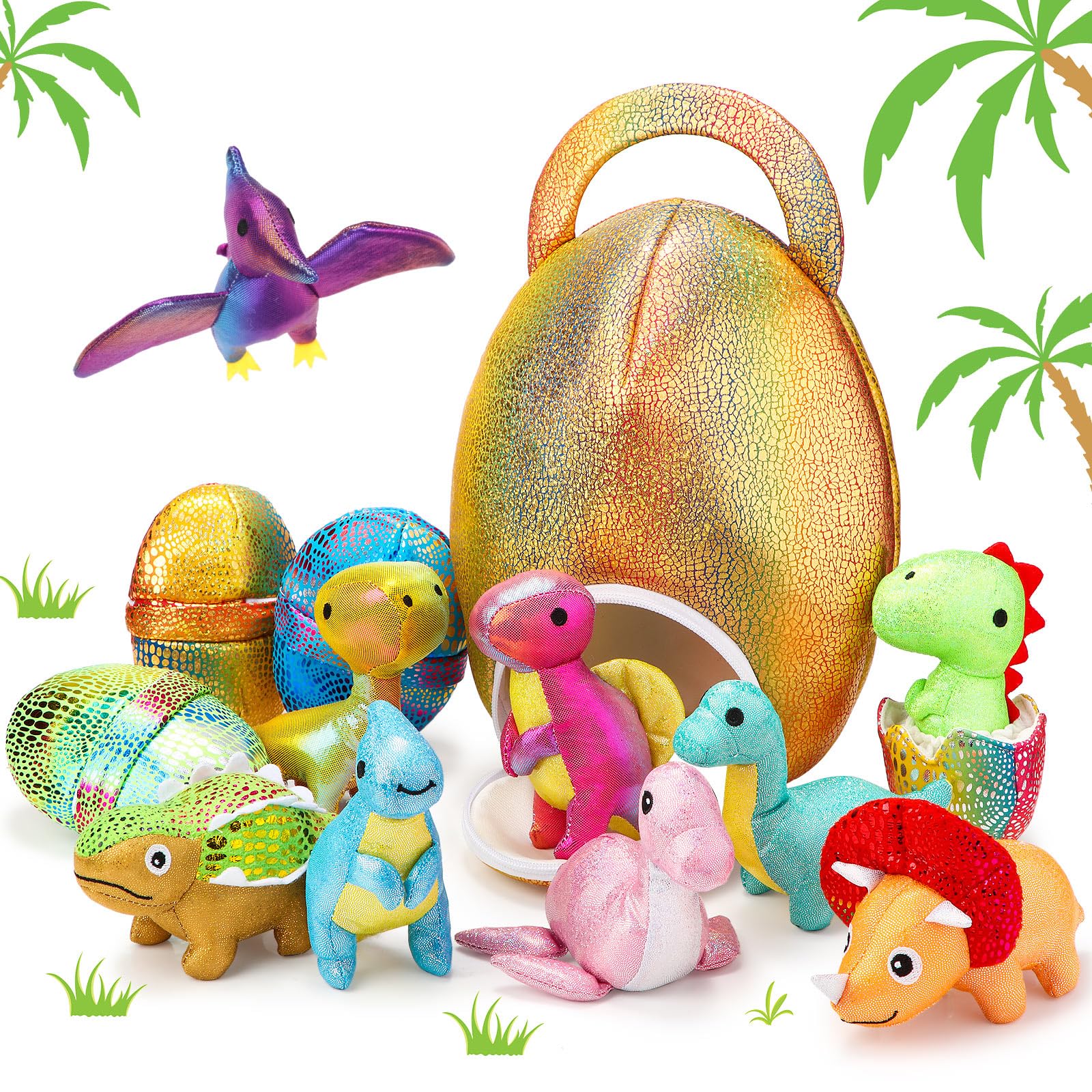 RoundFunny 14 Pcs Easter Dinosaur Stuffed Animals Small Dino Plush Toys and Egg Bag Set Cute Glitter Plush Dinosaur Toys for Boy