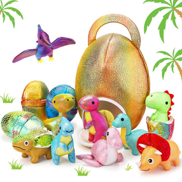 RoundFunny 14 Pcs Easter Dinosaur Stuffed Animals Small Dino Plush Toys and Egg Bag Set Cute Glitter Plush Dinosaur Toys for Boy