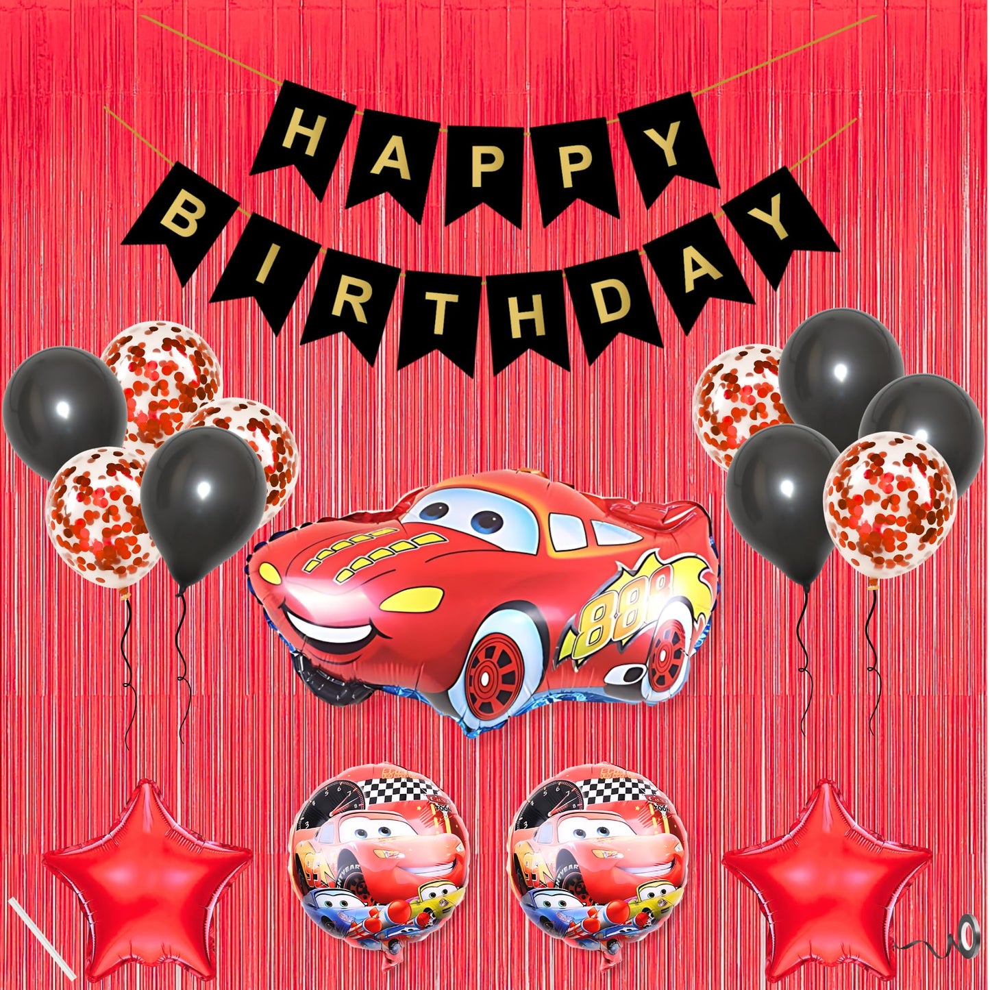 Car Theme Happy Birthday Banner Decoration Black For Baby Boys Girls Kids 5 Pc Lightning Macqueen Theme 10 Pc Confetti Balloons 