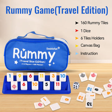 Doublefan Mini Rummy Cube Game - Portable Travel Size Set with 160 Tiles, 6 Racks, Dice, Canvas Bag, Multicolor, Model DF-Rummy01