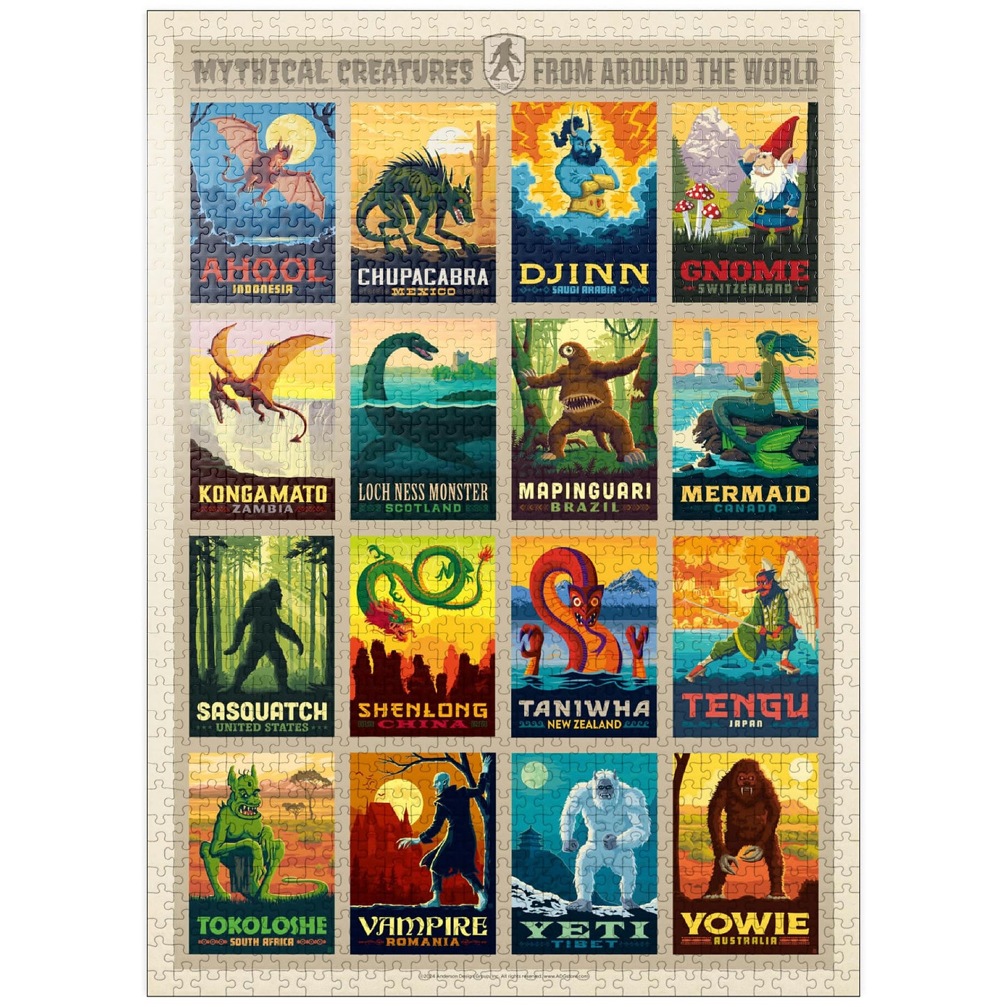 Mypuzzle Mythical Creatures From Around The World, Vintage Poster - Premium 1000 Piece Jigsaw Puzzle For Adults