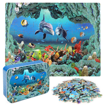 Lelemon 100 Pieces Puzzles For Kids Ages 4-8 Year Old Underwater World Theme Dolphins Fishes Jigsaw Puzzle For Children Learning