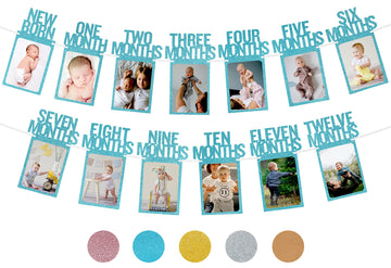 Partyhooman 1St Birthday Photo Banner For Baby From Newborn To 12 Months, First Birthday Decorations For Boys Monthly Milestones