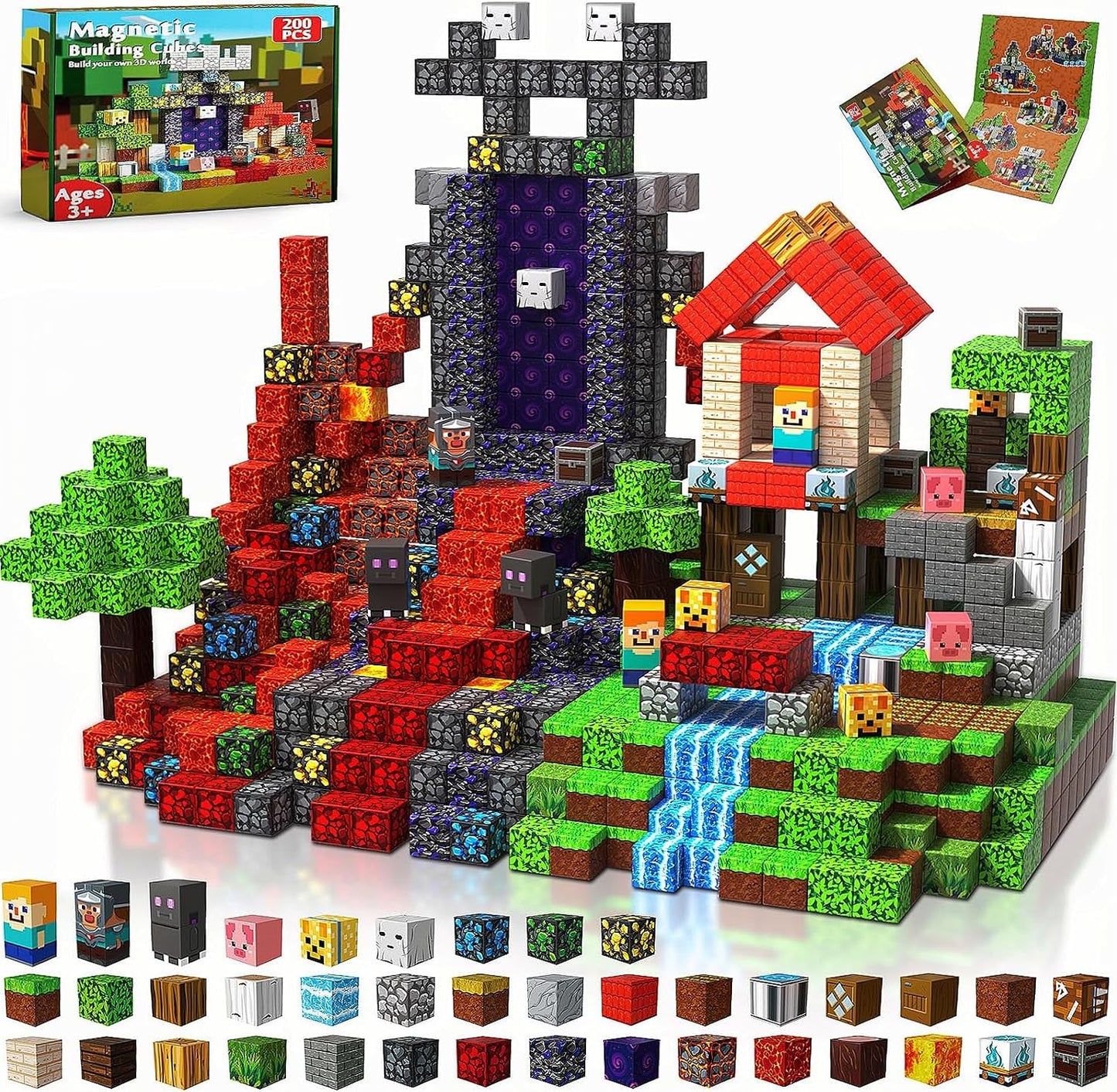 200PCS Magnetic Blocks - Magnetic Building Block for Kids Ages 3 4 5 6 7 8, STEM Learning Toy for Toddlers, Minecraft Magnetic B