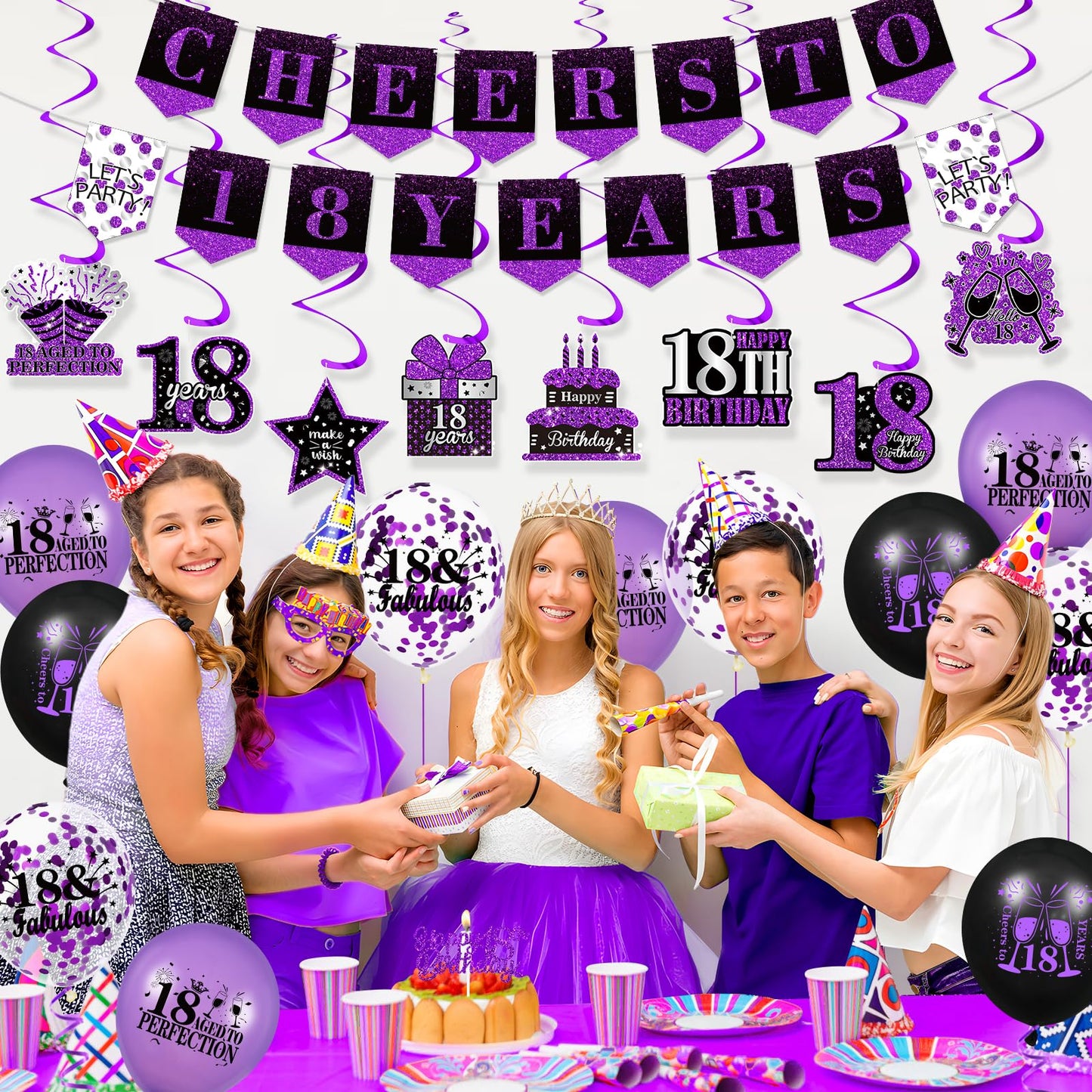 Purple 18Th Birthday Decorations For Girls Boys Purple Black 18Th Birthday Banner Hanging Swirls 18Th Birthday Balloons Happy 18Th Birthday Cake Topper For Purple Cheer To 18 Years Party Supplies
