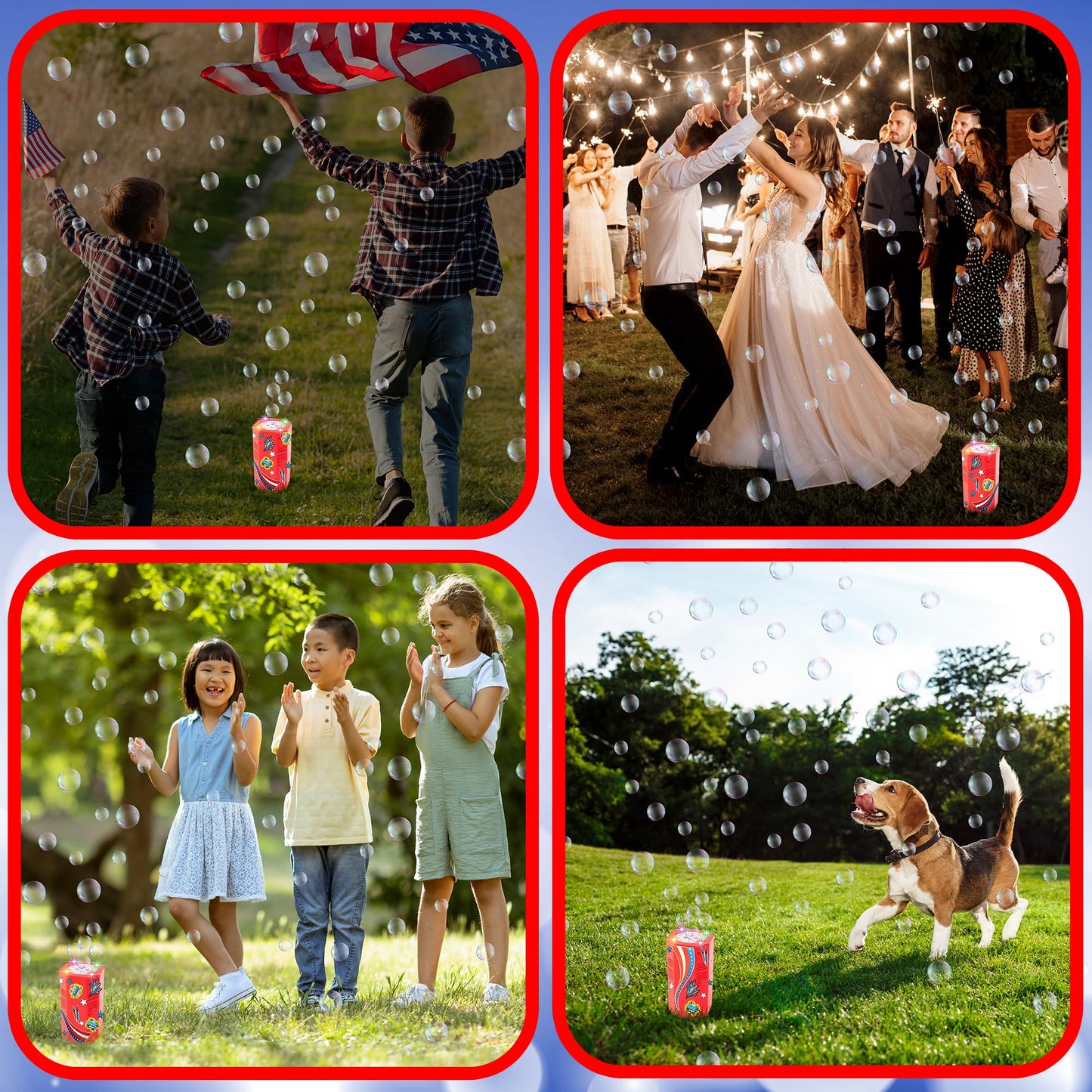 ArtCreativity  Bubble Machine - Bubble Blower Toy with Sound Effects and Flashing LED Lights - Includes Bubble Solution  Batteries  Stickers  for 4th of July  Great Party Supplies