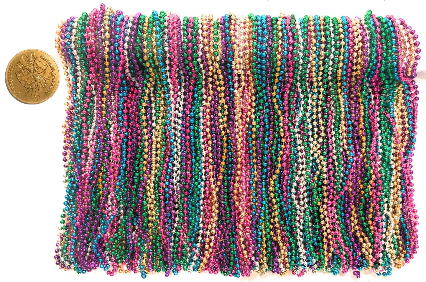 Mardi Gras Beads 33 inch 7mm, 12 Dozen, 144 Pieces, Turquoise Blue Necklaces with Doubloon