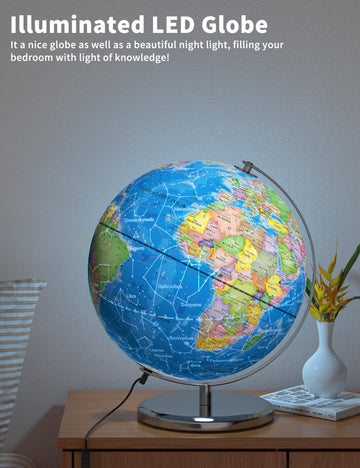 Soundance 13 Inch World Globe With Stable Heavy Metal Base, Educational Globe For Kids Learning, Large Globe Lamp With Colorful