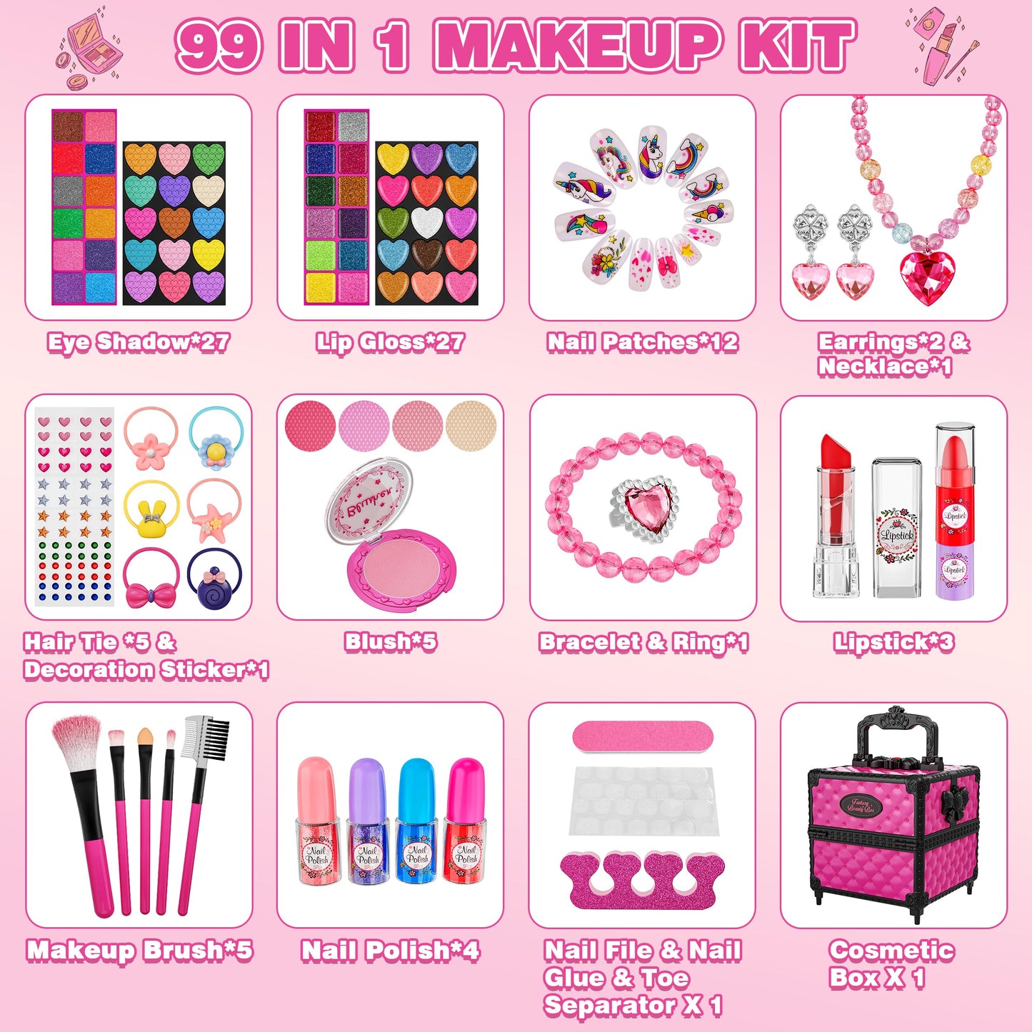 Kuovei 99 Pcs Kids Makeup Kit for Girls, Washable Cosmetics Set, Rose Red, Perfect for Ages 3-8 with Mirror, Hair Ties, Nails, and Jewelry