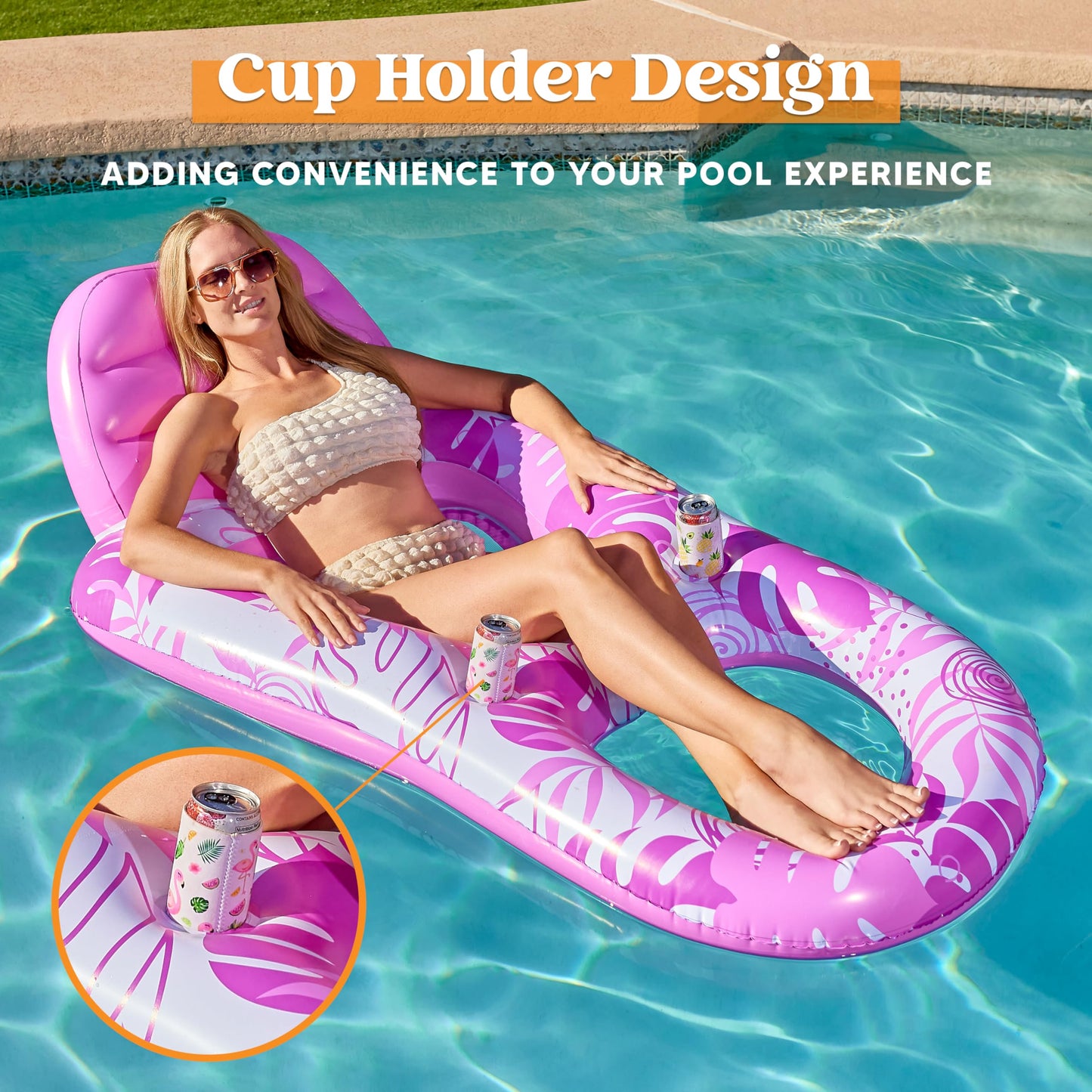 Sloosh Pool Lounge Float mature-themed  Inflatable Pool Floats Lounger Raft Floaties Water Floating Recliner Chair with Cup Holders Foot Rest Swimming Pool Floaty  Pink