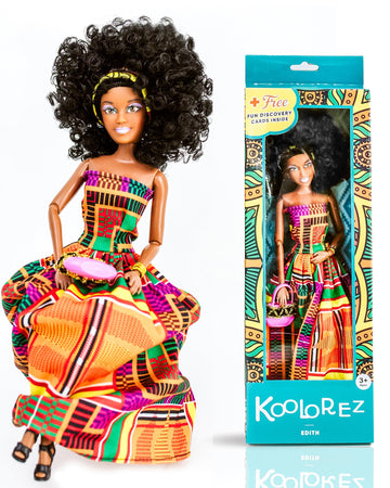 Koolorez: Edith - Our Queens Black Doll Set - Brown/Black Afro Doll W/Movable Joints - Lovely 12.5'' Dark Skin & Diversity Dolls