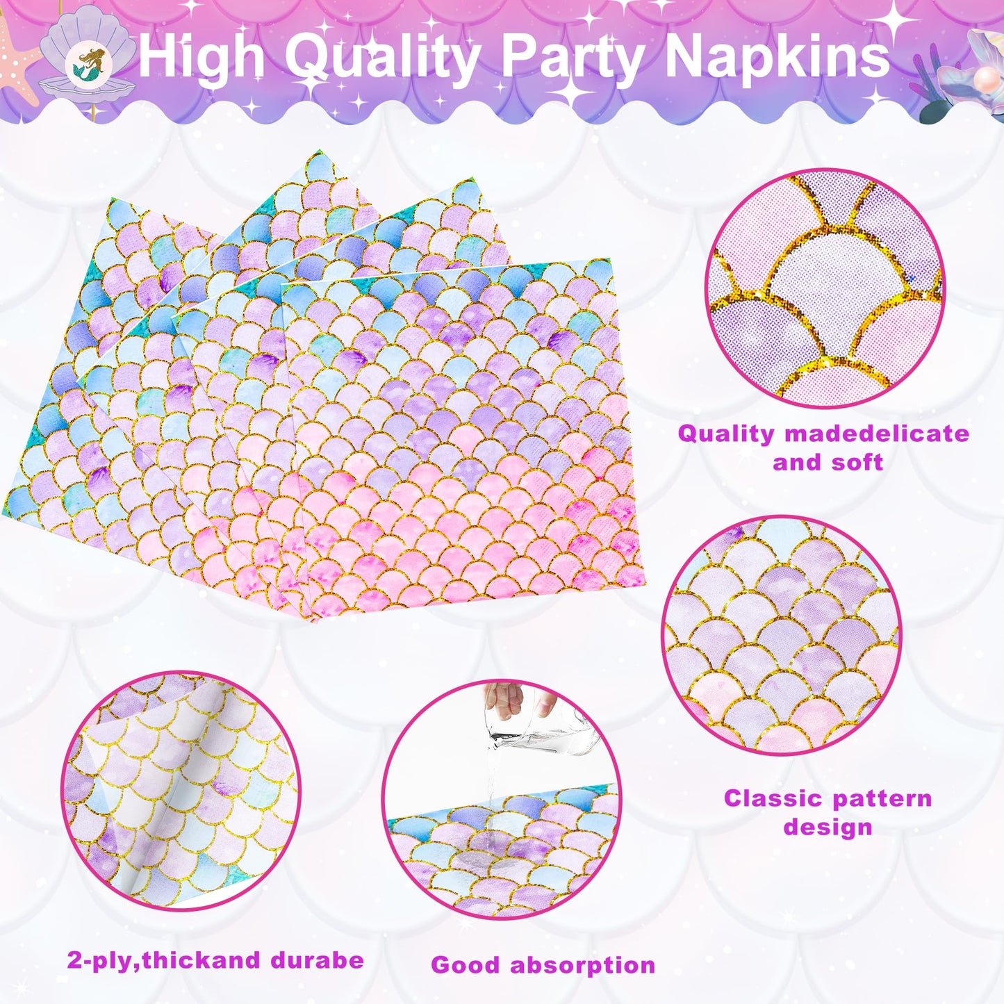 LMJUNZZ 120 Pieces Mermaid Scale Birthday Party Tableware Set - Includes Plates, Napkins, Forks - Ocean Themed Decorations for G