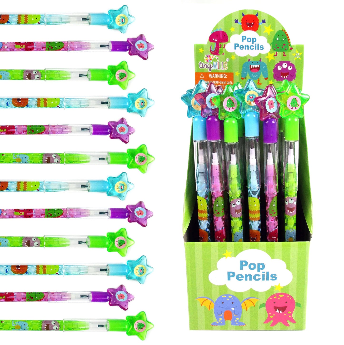 TINYMILLS 24 Pcs Monsters Multi Point Pencils Stackable Pencil with Eraser for Halloween Monster Party Favor Prize Carnival Good