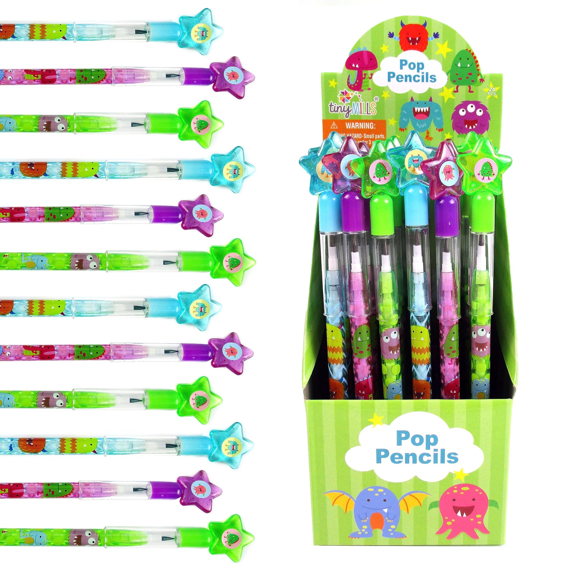 TINYMILLS 24 Pcs Monsters Multi Point Pencils Stackable Pencil with Eraser for Halloween Monster Party Favor Prize Carnival Good