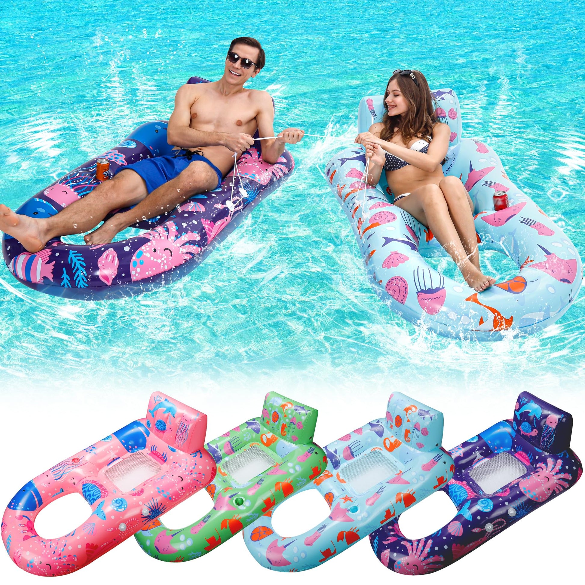 PuppyuWill 4 Pack Pool Floats mature-themed Inflatable Pool Lounger Float Heavy Duty with Cup Holder  Backrest & Footrest Pool Lounge Float Extra Large Pool Rafts for mature-themeds Beach Lake Party