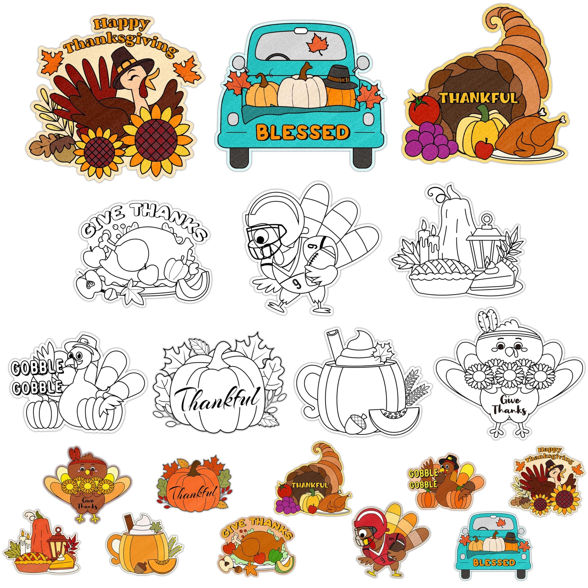 Thanksgiving Coloring Arts Crafts Kits - 30Pcs Fall Color Your Own Magnets for Kids Turkey Pumpkin Blank DIY Coloring Magnets fo