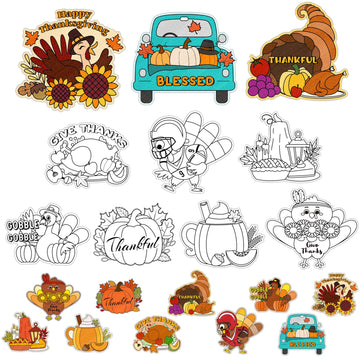 Thanksgiving Coloring Arts Crafts Kits - 30Pcs Fall Color Your Own Magnets for Kids Turkey Pumpkin Blank DIY Coloring Magnets fo