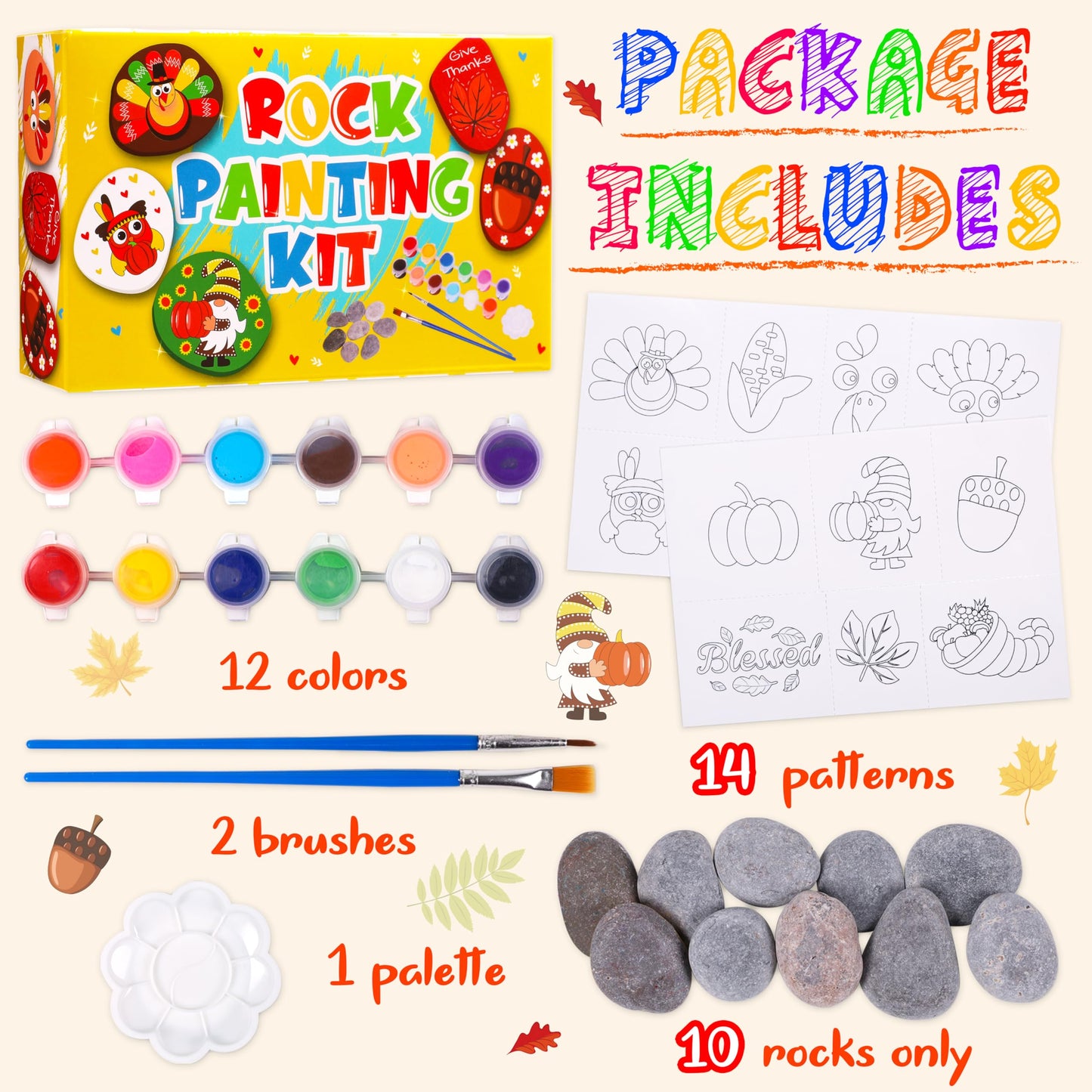 80UncleKimby Fall Thanksgiving Rock Painting Kit: Arts and Crafts for Kids - Include DIY Stones, Water Paint, Tattoos, Gifts Toy