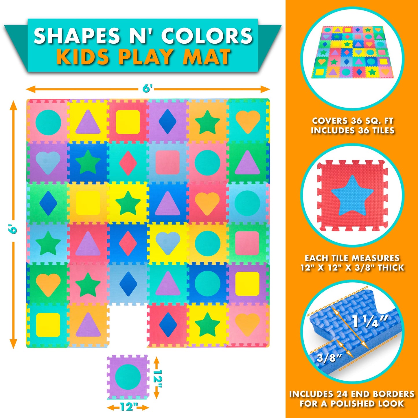 Prosource Kids Foam Puzzle Floor Play Mat With Shapes & Colors 36 Tiles, 12'X12' And 24 Borders