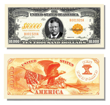 $10,000 Dollar Gold Certificate Novelty $10,000 Bill - 10 Count with Bonus Clear Protector & Christopher Columbus Bill