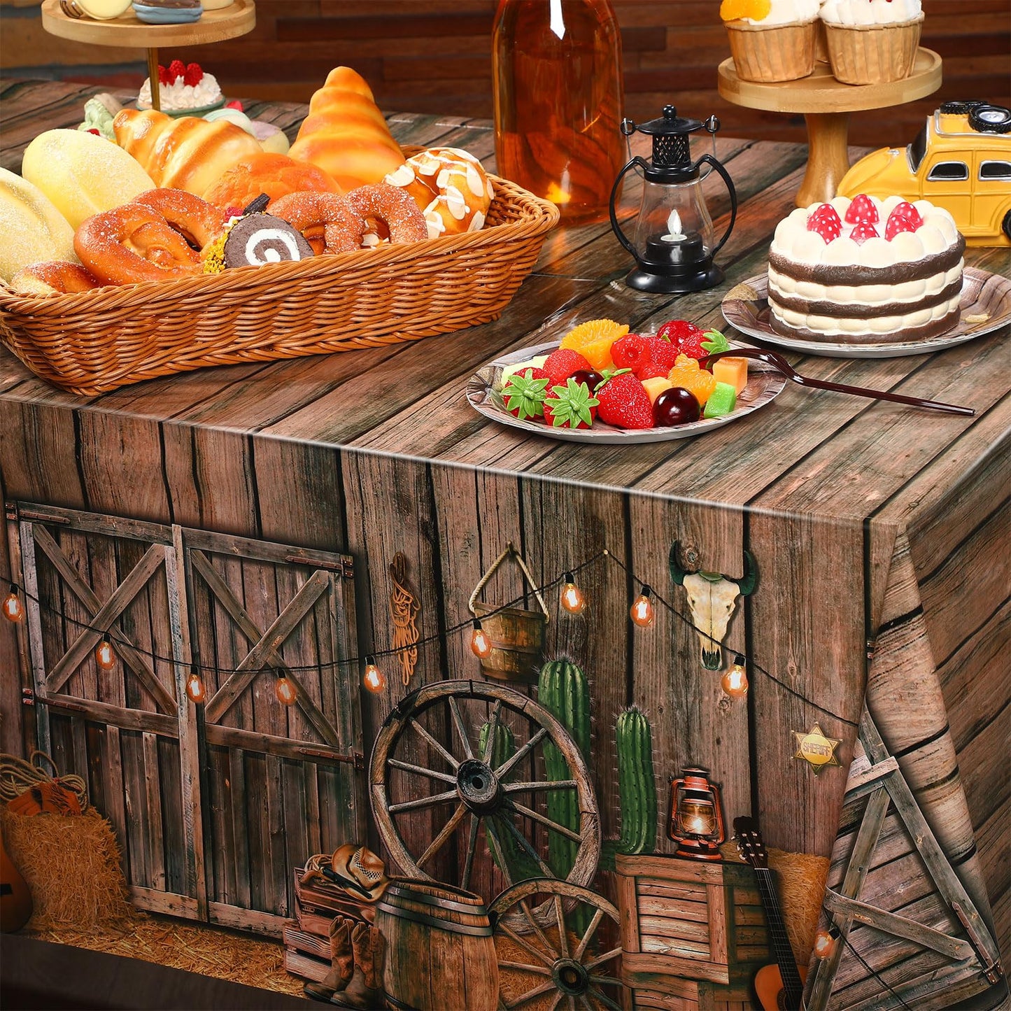 Tiamon 1 Pcs Western Party Tablecloth Western Cowboy Party Table Cover Cowboy Theme Plastic Tablecloth Wild West Wooden House Ta