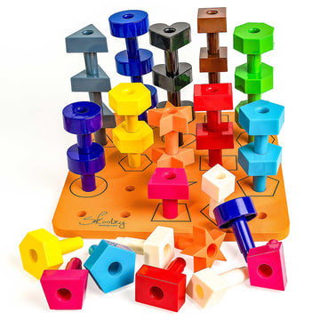 Skoolzy Peg Board Toddler Stacking Toys - Stem Color Sorting Learning Games - Montessori Toys For 1, 2, 3, 4 Year Old Boys & Girls - 38Pc Shapes Puzzle Educational Manipulatives, Ebook, Tote