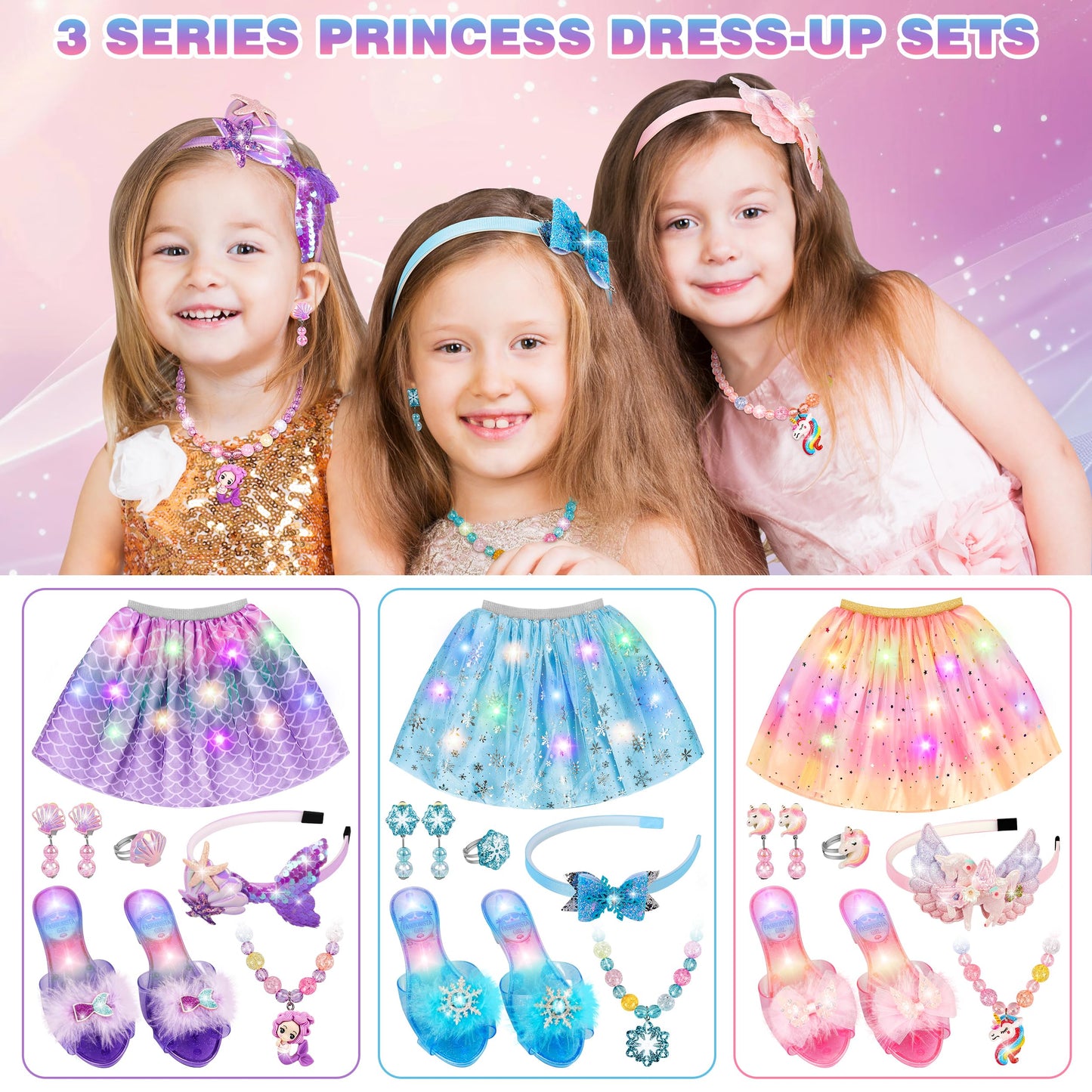 Princess Dress Up For Girls, Toddler Toys For Ages 3-8, 3 Pcs Light Up Toddler Dress Up Clothes With Accessories, Kids Toys For