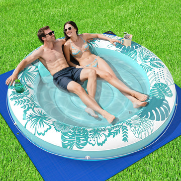 Inflatable Tanning Pool Lounger Float with Protection Tarp  75 x 75 Pool Floats mature-themed with Pillow  6 in 1 Suntan Tub Raft Floatie  Sunbathing Water Lounge Blow Up Pool Kids Ball Pit Party Gifts-Cyan