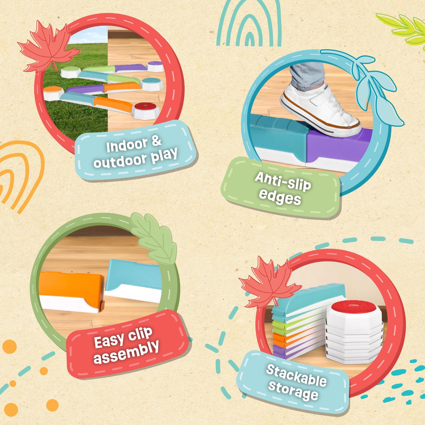 Acorn Avenue Balance Beam And Toddler Stepping Stones 13 Pieces, Non-Slip Plastic Balance Stackable Stepping Stones, Sensory Toy