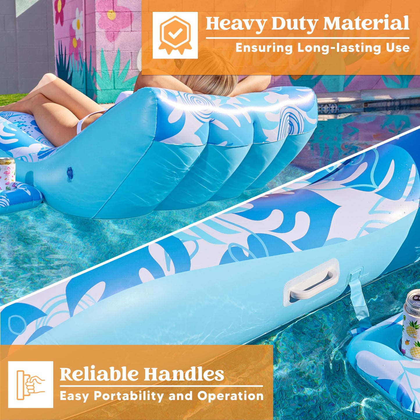 SLOOSH Inflatable Pool Floats mature-themed - Extreme Comfort Pool Lounge Chair with Detachable Cup Holder  Heavy Duty Lounger Floating Recliner Blow Up Floaties Water Floaty Lake Beach Tanning Float (Blue)