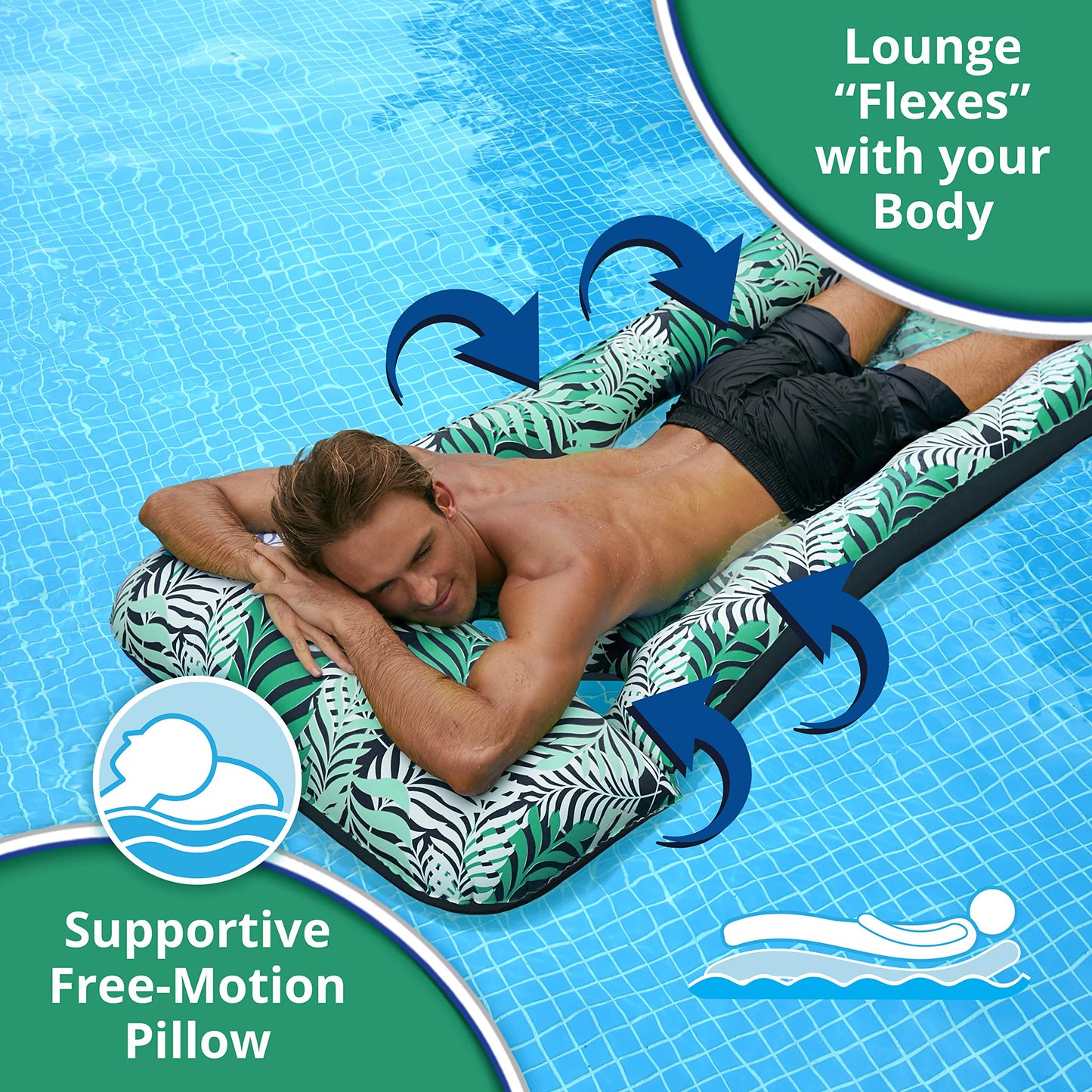 Aqua Contour Cooling Pool Float Lounge - 18-Pocket, Inflatable Pool Floats For Adults - Teal Ferns