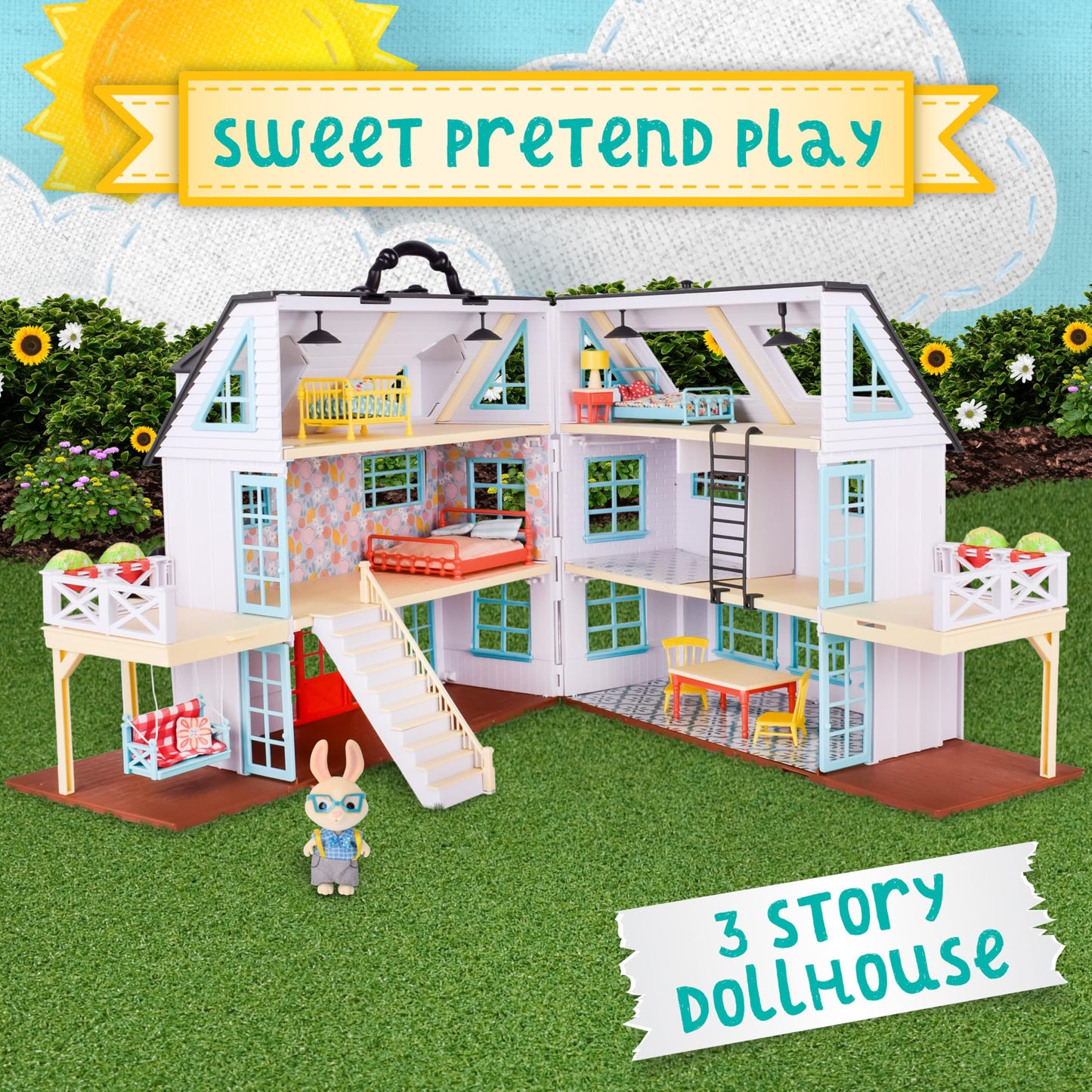 Honey Bee Acres Buzzby Farmhouse, Dollhouse Playset With Miniature Doll Figure, Furniture And Accessories. 25 Pieces, Ages 3+