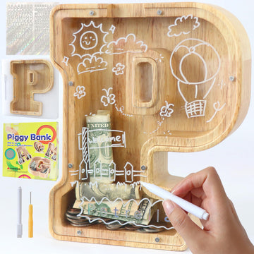 weallbuy Large Letter Piggy Bank for Kids Boys Girls Wooden Personalized Piggy Banks A-Z with Target Area Clear Alphabet Banknote Coin Banks for Gift Decoration Baptism (P)