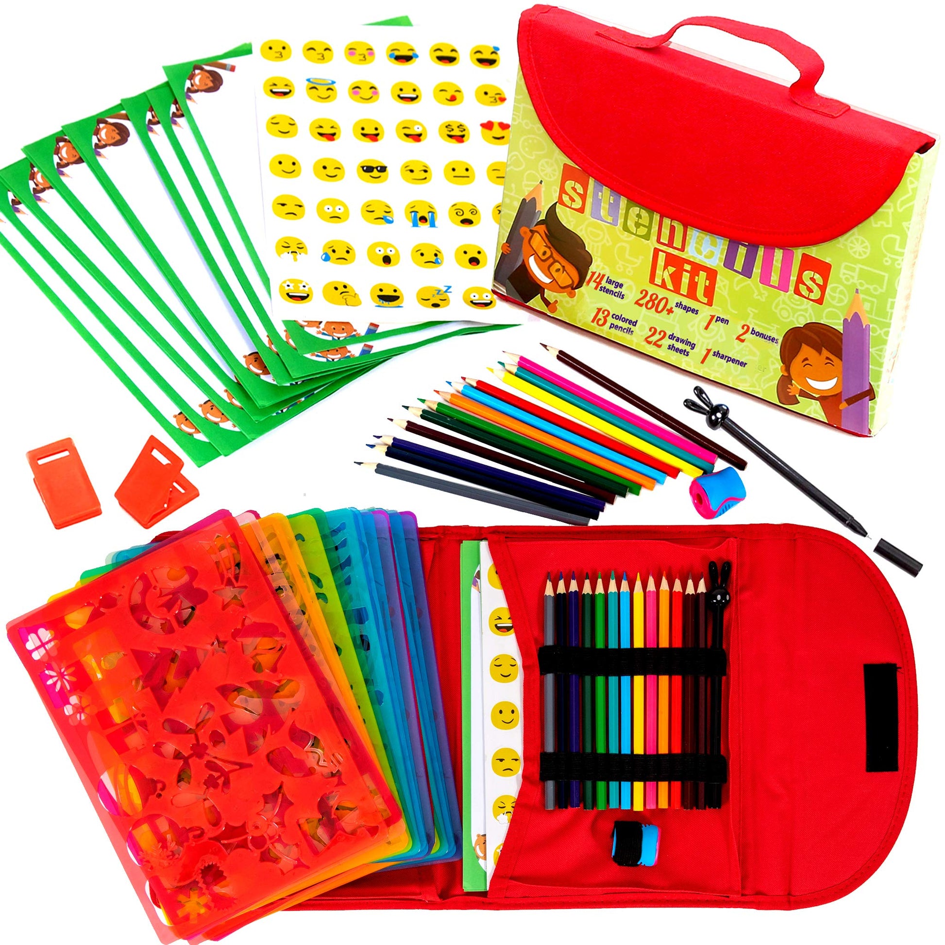 Drawing Stencils for Kids Kit & Carry Case - - Child-Safe, Non-Toxic Stencil Set with 300 Shapes, Colored Pencils, Paper, Etc. -