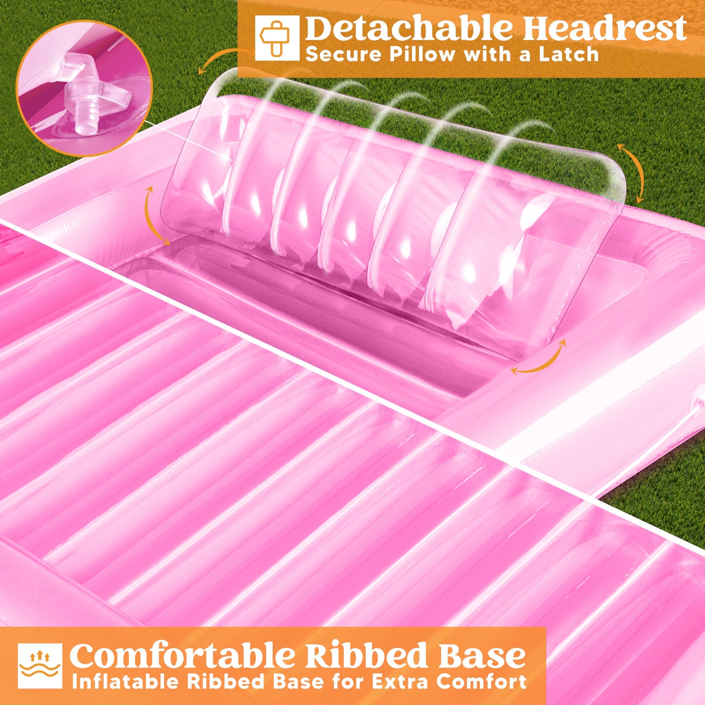 Sloosh Inflatable Tanning Pool Lounger, 70" x 46", Pink, PVC, Model 40851, 4-in-1 Sunbathing Float for Adults and Kids