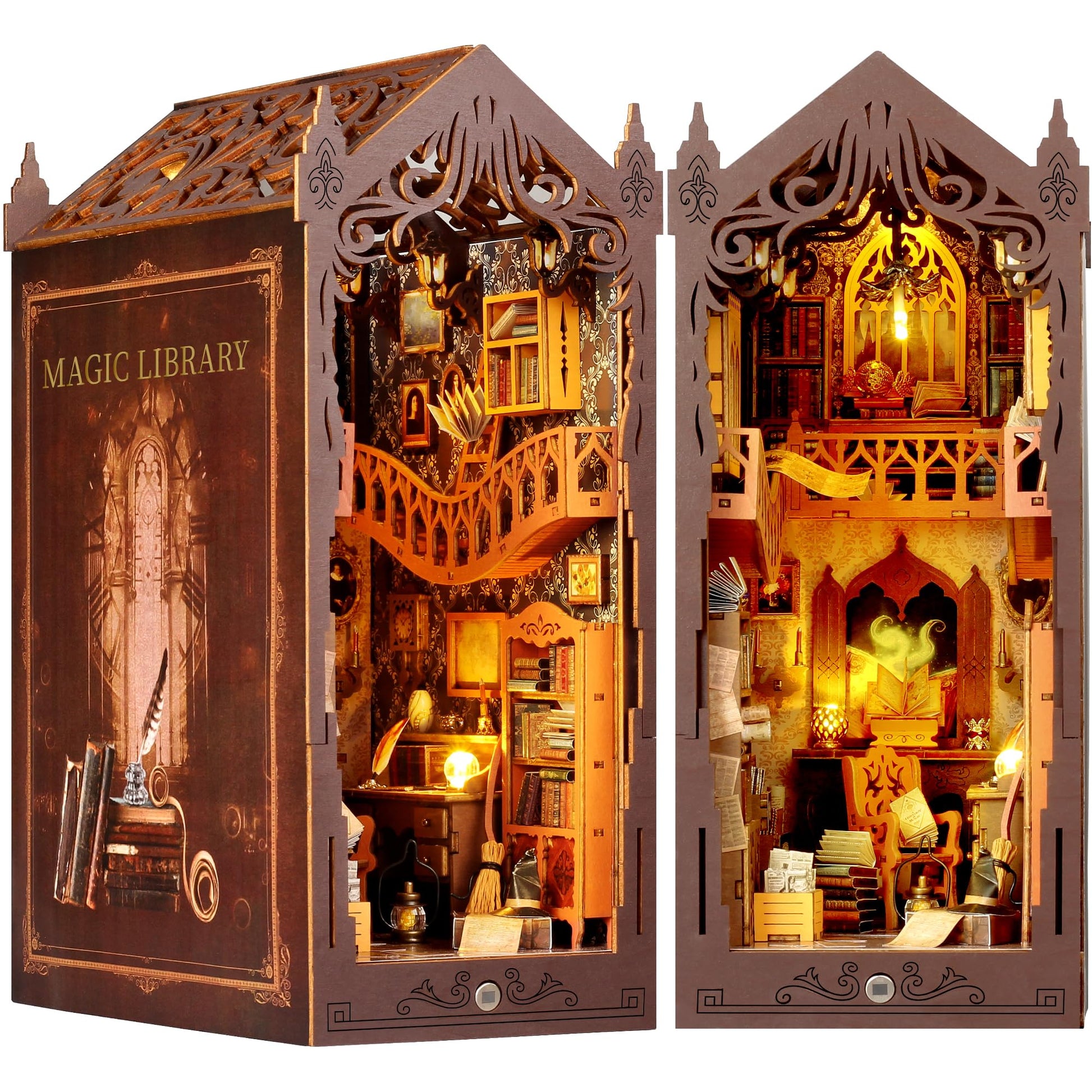 SHIISEWE Book Nook, DIY Book Nook Kits for Adults, Magic Library 3D Wooden Puzzle Bookend Bookshelf Insert Decor with LED Light,