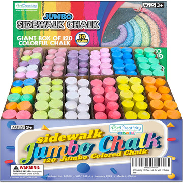Artcreativity Jumbo Sidewalk Chalk Set For Kids, Giant Box Of 120 Colorful Chalk Pieces, Non-Toxic, Dust-Free, Washable Chalk In 10 Colors, For Driveway, Pavement, Outdoors, Great Arts & Crafts